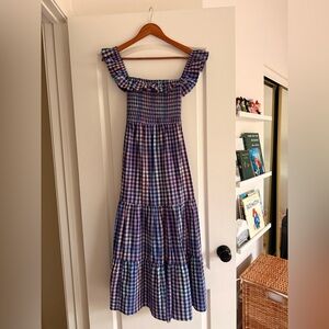 Pea in the Pod Smocked Gingham Tiered Maxi Dress in Blue and Pink Maternity